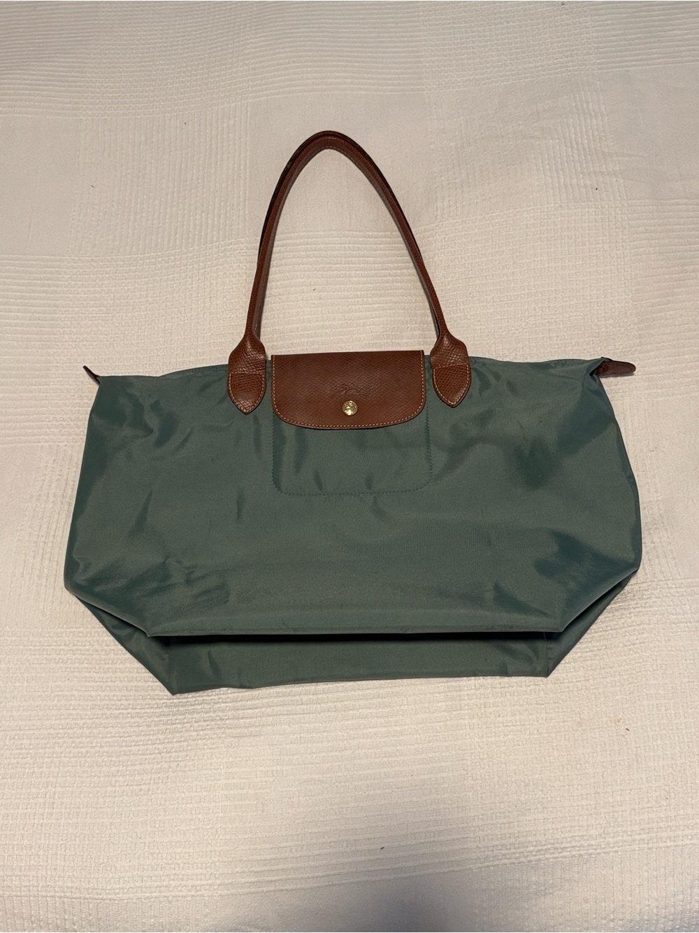 Longchamp Le Pliage Large Tote Bag in Green with Brown Leather Trim